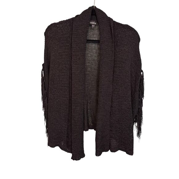 Bebe Poncho Cardigan Women M Black Fringed Shawl Collar Open Knit Sweater Winter - Picture 1 of 9